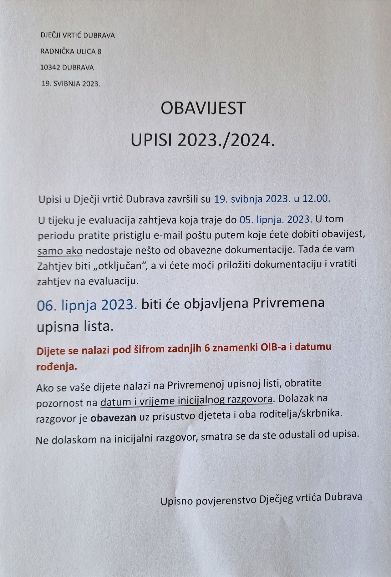Obavijest upisi 2023 2024
